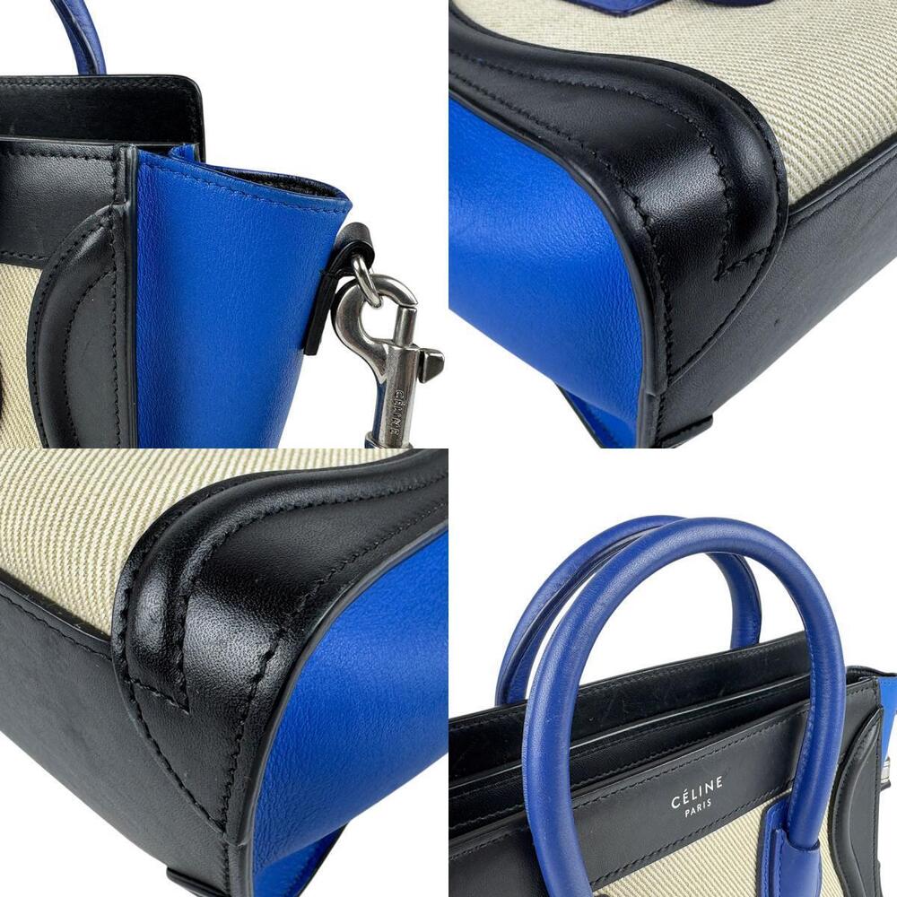 Celine Luggage Shopper Shoulder Bag Leather Canvas Black Blue Ivory White - Picture 4 of 4
